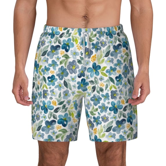Lsque Mens Swim Trunks Floral In Blue Pattern - Bathing Suit Compression Liner - Beach Swim Shorts Swimwear - (S-3XL) - Stretch Quick Dry -Large