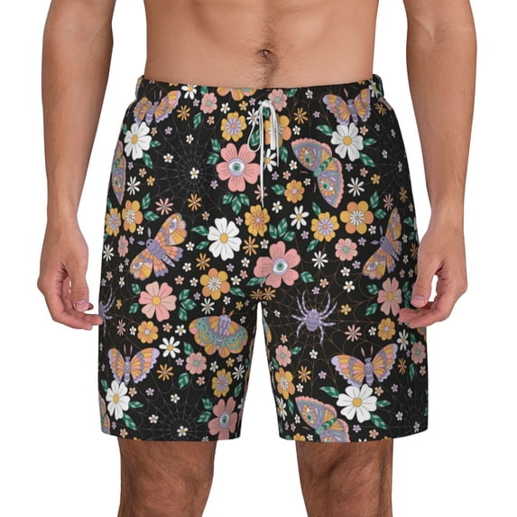 Lsque Mens Swim Trunks Floral Insects Pattern - Bathing Suit Compression Liner - Beach Swim Shorts Swimwear - (S-3XL) - Stretch Quick Dry -Medium