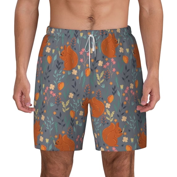 Lsque Mens Swim Trunks Floral Squirrel Pattern - Bathing Suit Compression Liner - Beach Swim Shorts Swimwear - (S-3XL) - Stretch Quick Dry -3X-Large