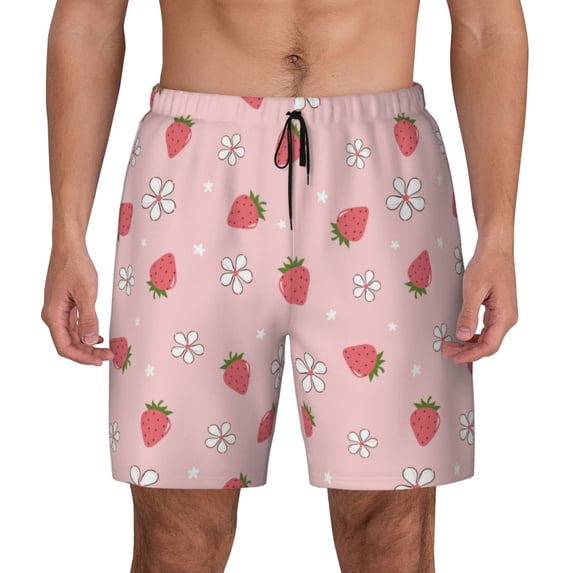 Lsque Mens Swim Trunks Floral Strawberr Pattern - Bathing Suit Compression Liner - Beach Swim Shorts Swimwear - (S-3XL) - Stretch Quick Dry -3X-Large