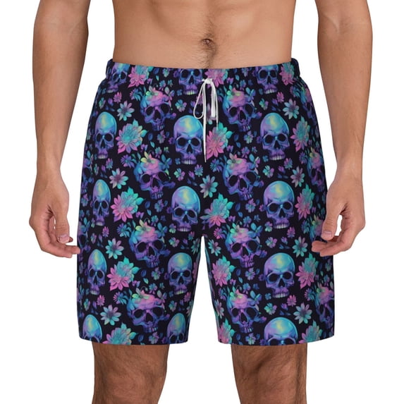 Lsque Mens Swim Trunks Flower Blue Skull Pattern - Bathing Suit Compression Liner - Beach Swim Shorts Swimwear - (S-3XL) - Stretch Quick Dry -XX-Large
