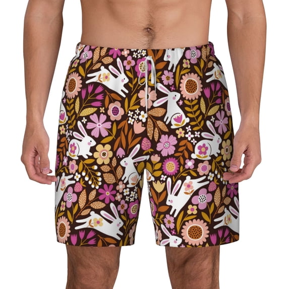 Lsque Mens Swim Trunks Flower Bunny Pattern - Bathing Suit Compression Liner - Beach Swim Shorts Swimwear - (S-3XL) - Stretch Quick Dry -X-Large