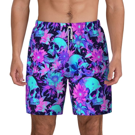 Lsque Mens Swim Trunks Flower Happy Skull Pattern - Bathing Suit Compression Liner - Beach Swim Shorts Swimwear - (S-3XL) - Stretch Quick Dry -Small