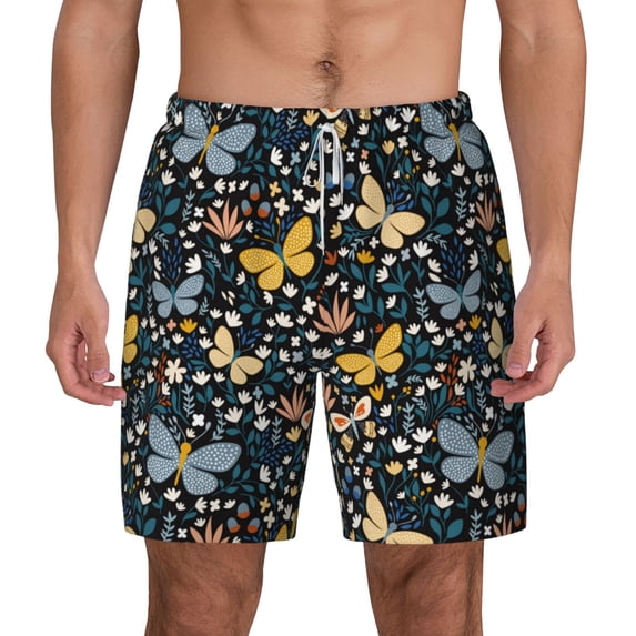 Lsque Mens Swim Trunks Flowers Butterfly Pattern - Bathing Suit Compression Liner - Beach Swim Shorts Swimwear - (S-3XL) - Stretch Quick Dry -3X-Large