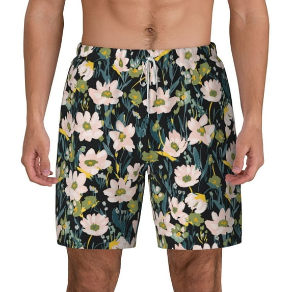 Lsque Mens Swim Trunks Flowers Pattern - Bathing Suit Compression Liner - Beach Swim Shorts Swimwear - (S-3XL) - Stretch Quick Dry -Large