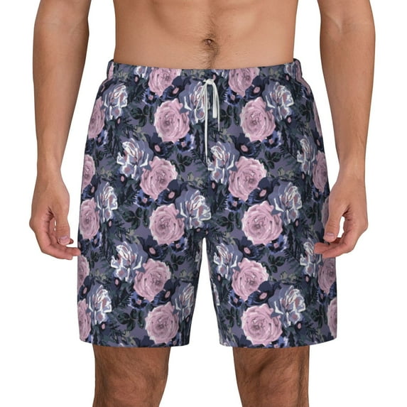 Lsque Mens Swim Trunks Flowers Pattern - Bathing Suit Compression Liner - Beach Swim Shorts Swimwear - (S-3XL) - Stretch Quick Dry -Medium