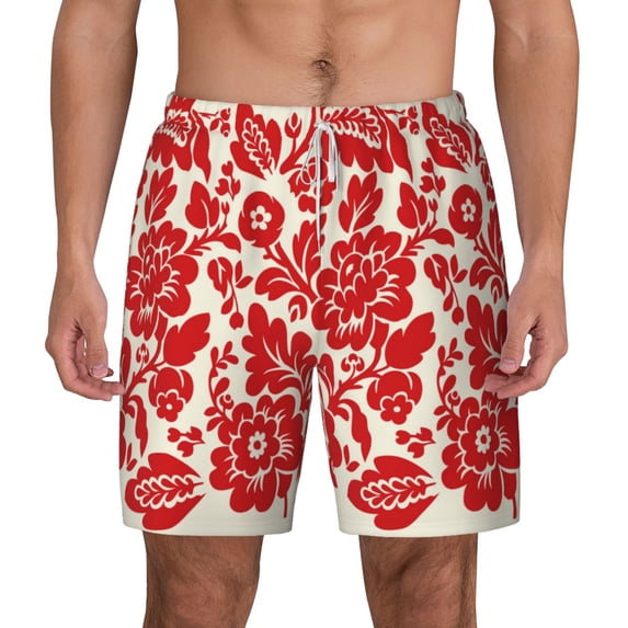 Lsque Mens Swim Trunks Flowers Red Beige Pattern - Bathing Suit Compression Liner - Beach Swim Shorts Swimwear - (S-3XL) - Stretch Quick Dry -3X-Large