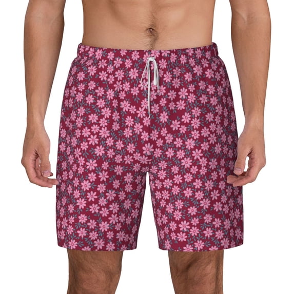 Lsque Mens Swim Trunks Flowers With Green Leaves Pattern - Bathing Suit Compression Liner - Beach Swim Shorts Swimwear - (S-3XL) - Stretch Quick Dry -Large
