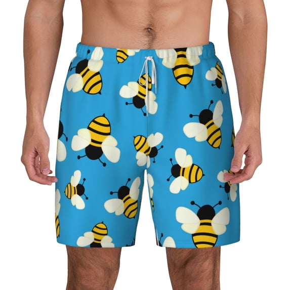 Lsque Mens Swim Trunks Flying Bees Pattern - Bathing Suit Compression Liner - Beach Swim Shorts Swimwear - (S-3XL) - Stretch Quick Dry -XX-Large
