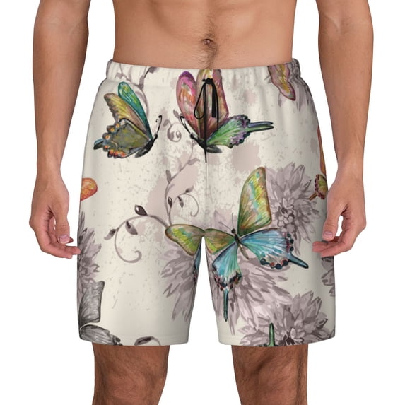 Lsque Mens Swim Trunks Flying Butterflies-1 Pattern - Bathing Suit Compression Liner - Beach Swim Shorts Swimwear - (S-3XL) - Stretch Quick Dry -Large