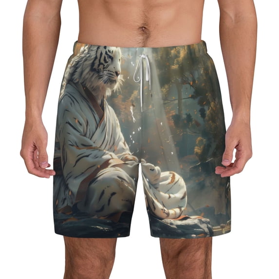 Lsque Mens Swim Trunks Forest Meditating White Tiger Pattern - Bathing Suit Compression Liner - Beach Swim Shorts Swimwear - (S-3XL) - Stretch Quick Dry -Small