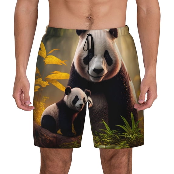 Lsque Mens Swim Trunks Forest Panda Pattern - Bathing Suit Compression Liner - Beach Swim Shorts Swimwear - (S-3XL) - Stretch Quick Dry -Medium