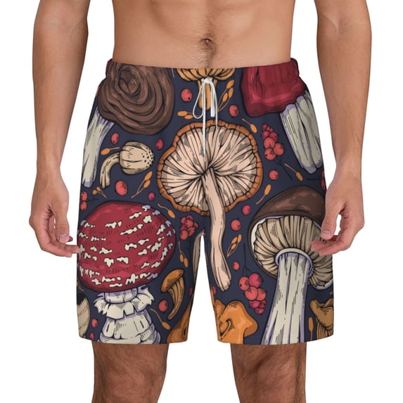 Lsque Mens Swim Trunks Forest Wild Mushroom Pattern - Bathing Suit Compression Liner - Beach Swim Shorts Swimwear - (S-3XL) - Stretch Quick Dry -XX-Large