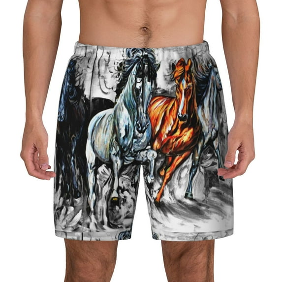 Lsque Mens Swim Trunks Four Running Horses Pattern - Bathing Suit Compression Liner - Beach Swim Shorts Swimwear - (S-3XL) - Stretch Quick Dry -Medium