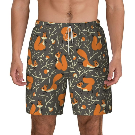 Lsque Mens Swim Trunks Fox And Mushroom Pattern - Bathing Suit Compression Liner - Beach Swim Shorts Swimwear - (S-3XL) - Stretch Quick Dry -Large