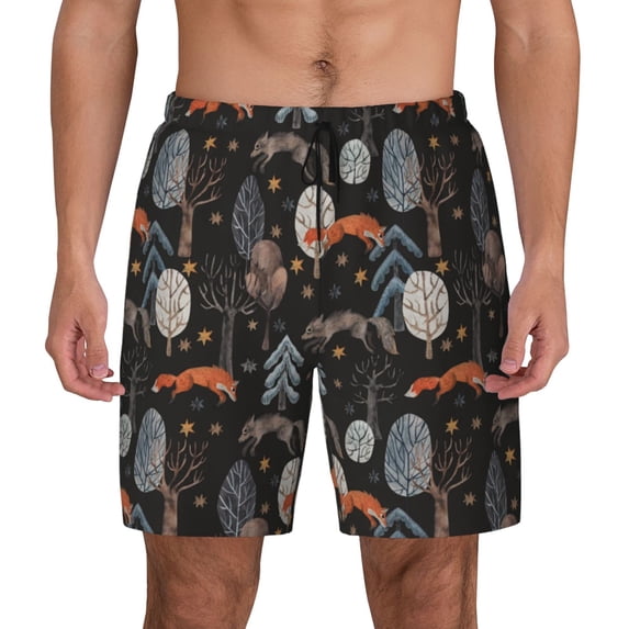 Lsque Mens Swim Trunks Fox In The Forest Pattern - Bathing Suit Compression Liner - Beach Swim Shorts Swimwear - (S-3XL) - Stretch Quick Dry -Small