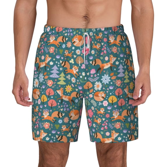 Lsque Mens Swim Trunks Foxes and Birds in Forest Pattern - Bathing Suit Compression Liner - Beach Swim Shorts Swimwear - (S-3XL) - Stretch Quick Dry -X-Large