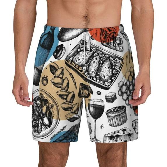 Lsque Mens Swim Trunks French Food Pattern - Bathing Suit Compression Liner - Beach Swim Shorts Swimwear - (S-3XL) - Stretch Quick Dry -3X-Large