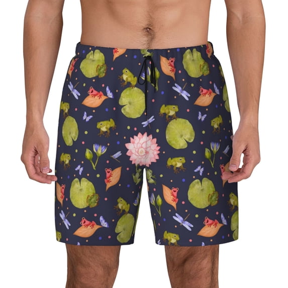 Lsque Mens Swim Trunks Frog And Flowers Pattern - Bathing Suit Compression Liner - Beach Swim Shorts Swimwear - (S-3XL) - Stretch Quick Dry -Medium
