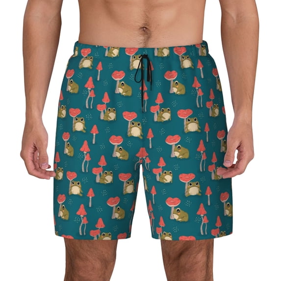 Lsque Mens Swim Trunks Frog and Mushrooms Pattern - Bathing Suit Compression Liner - Beach Swim Shorts Swimwear - (S-3XL) - Stretch Quick Dry -X-Large