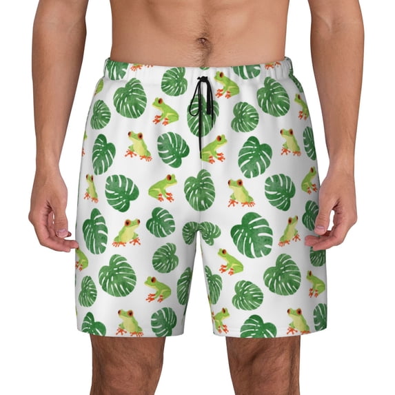 Lsque Mens Swim Trunks Frogs And Tropical Leaves Pattern - Bathing Suit Compression Liner - Beach Swim Shorts Swimwear - (S-3XL) - Stretch Quick Dry -Medium