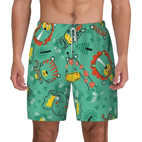 Lsque Mens Swim Trunks Funny Animals in Jungle Pattern - Bathing Suit Compression Liner - Beach Swim Shorts Swimwear - (S-3XL) - Stretch Quick Dry -Large