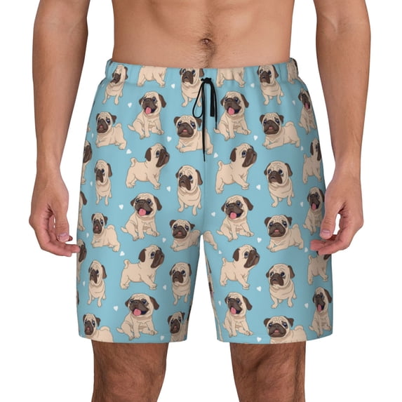 Lsque Mens Swim Trunks Funny Cartoon Pugs Pattern - Bathing Suit Compression Liner - Beach Swim Shorts Swimwear - (S-3XL) - Stretch Quick Dry -