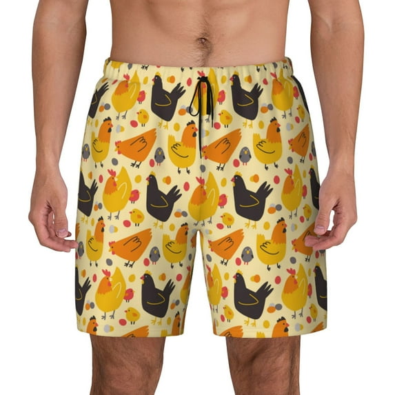 Lsque Mens Swim Trunks Funny Chicken Pattern - Bathing Suit Compression Liner - Beach Swim Shorts Swimwear - (S-3XL) - Stretch Quick Dry -3X-Large