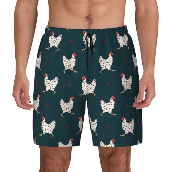 Lsque Mens Swim Trunks Funny Chicken Pattern - Bathing Suit Compression Liner - Beach Swim Shorts Swimwear - (S-3XL) - Stretch Quick Dry -Large