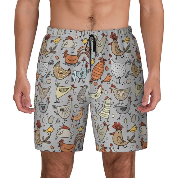 Lsque Mens Swim Trunks Funny Chicken Pattern - Bathing Suit Compression Liner - Beach Swim Shorts Swimwear - (S-3XL) - Stretch Quick Dry -Large