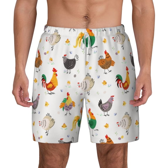 Lsque Mens Swim Trunks Funny Chicken Pattern - Bathing Suit Compression Liner - Beach Swim Shorts Swimwear - (S-3XL) - Stretch Quick Dry -Large
