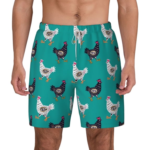Lsque Mens Swim Trunks Funny Chicken Pattern - Bathing Suit Compression Liner - Beach Swim Shorts Swimwear - (S-3XL) - Stretch Quick Dry -Large