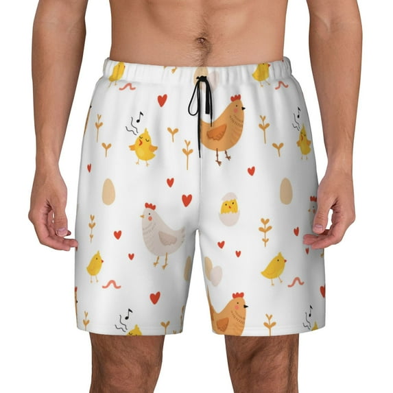 Lsque Mens Swim Trunks Funny Chicken Pattern - Bathing Suit Compression Liner - Beach Swim Shorts Swimwear - (S-3XL) - Stretch Quick Dry -Medium