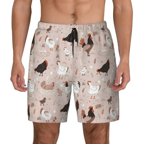 Lsque Mens Swim Trunks Funny Chicken Pattern - Bathing Suit Compression Liner - Beach Swim Shorts Swimwear - (S-3XL) - Stretch Quick Dry -Small