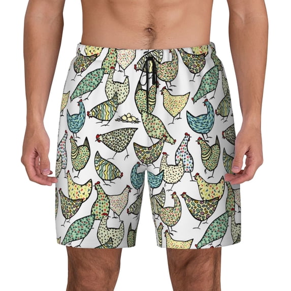 Lsque Mens Swim Trunks Funny Chicken Pattern - Bathing Suit Compression Liner - Beach Swim Shorts Swimwear - (S-3XL) - Stretch Quick Dry -