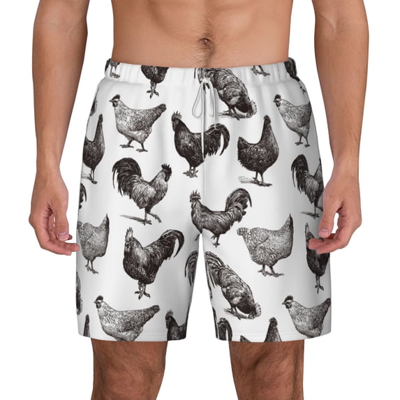 Lsque Mens Swim Trunks Funny Chicken Pattern - Bathing Suit Compression Liner - Beach Swim Shorts Swimwear - (S-3XL) - Stretch Quick Dry -Small