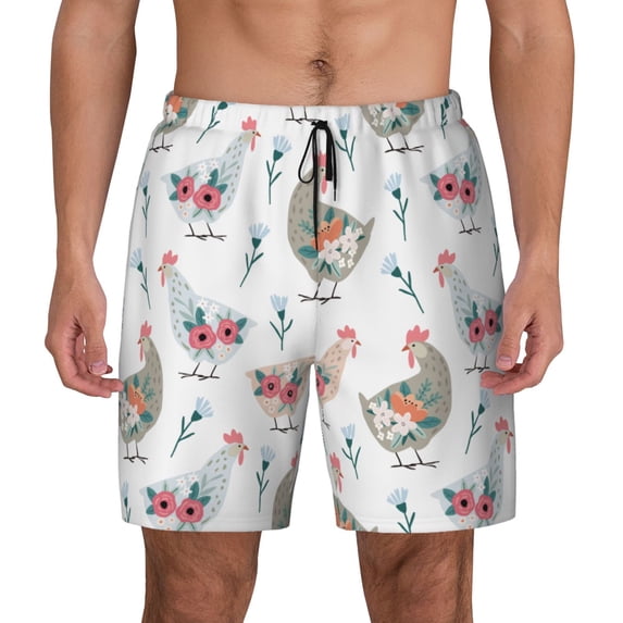 Lsque Mens Swim Trunks Funny Chicken Pattern - Bathing Suit Compression Liner - Beach Swim Shorts Swimwear - (S-3XL) - Stretch Quick Dry -