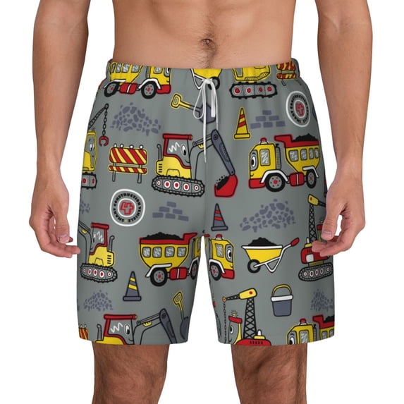 Lsque Mens Swim Trunks Funny Construction Pattern - Bathing Suit Compression Liner - Beach Swim Shorts Swimwear - (S-3XL) - Stretch Quick Dry -Large