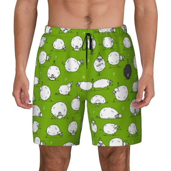 Lsque Mens Swim Trunks Funny Sheep Doing Yoga Pattern - Bathing Suit Compression Liner - Beach Swim Shorts Swimwear - (S-3XL) - Stretch Quick Dry -Large