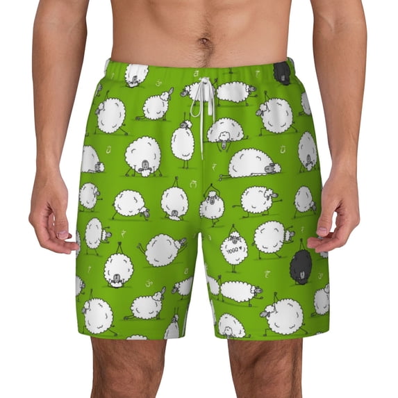 Lsque Mens Swim Trunks Funny Sheep Doing Yoga Pattern - Bathing Suit Compression Liner - Beach Swim Shorts Swimwear - (S-3XL) - Stretch Quick Dry -Medium