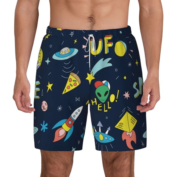 Lsque Mens Swim Trunks Funny Spaceships Pattern - Bathing Suit Compression Liner - Beach Swim Shorts Swimwear - (S-3XL) - Stretch Quick Dry -X-Large