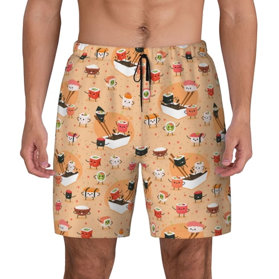 Lsque Mens Swim Trunks Funny Sushi Pattern - Bathing Suit Compression Liner - Beach Swim Shorts Swimwear - (S-3XL) - Stretch Quick Dry -3X-Large