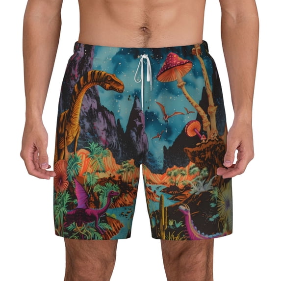Lsque Mens Swim Trunks Galactic Jungle Dinosaurs Pattern - Bathing Suit Compression Liner - Beach Swim Shorts Swimwear - (S-3XL) - Stretch Quick Dry -3X-Large