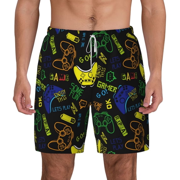 Lsque Mens Swim Trunks Game Play Pattern - Bathing Suit Compression Liner - Beach Swim Shorts Swimwear - (S-3XL) - Stretch Quick Dry -Small