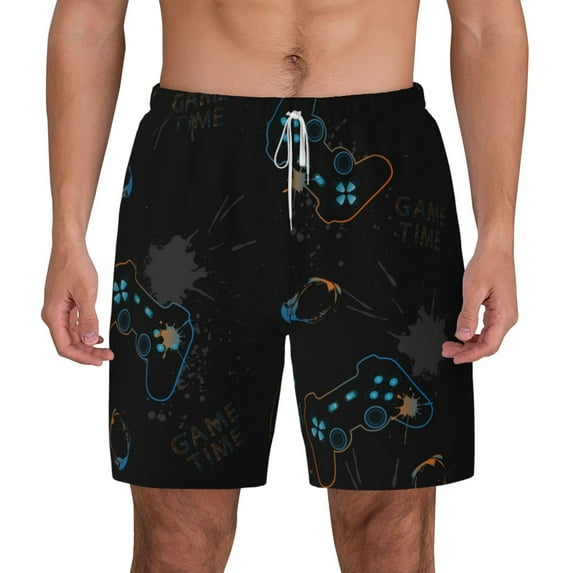Lsque Mens Swim Trunks Game Time Pattern - Bathing Suit Compression Liner - Beach Swim Shorts Swimwear - (S-3XL) - Stretch Quick Dry -Small