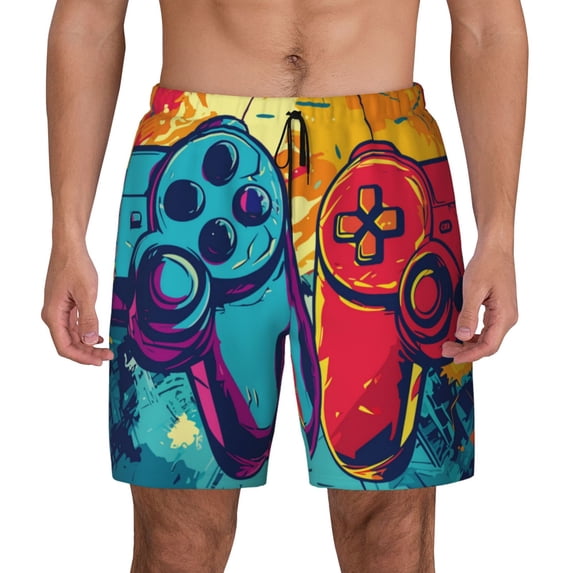 Lsque Mens Swim Trunks Gaming Pattern - Bathing Suit Compression Liner - Beach Swim Shorts Swimwear - (S-3XL) - Stretch Quick Dry -Medium