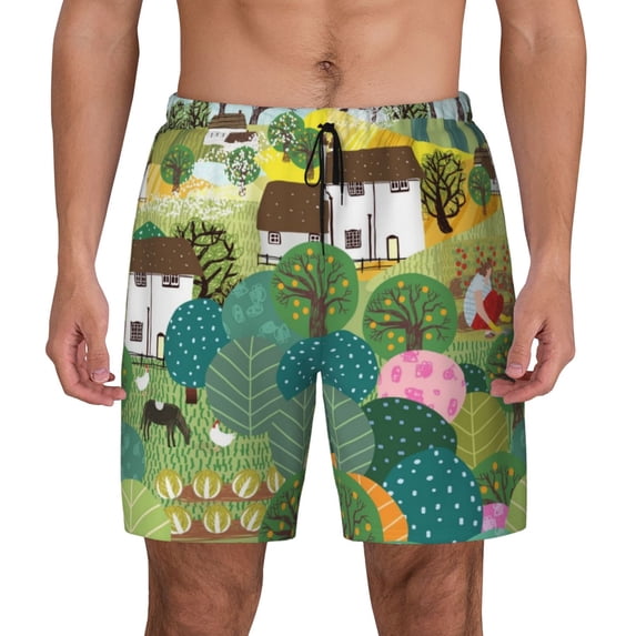 Lsque Mens Swim Trunks Garden Farm Pattern - Bathing Suit Compression Liner - Beach Swim Shorts Swimwear - (S-3XL) - Stretch Quick Dry -Large