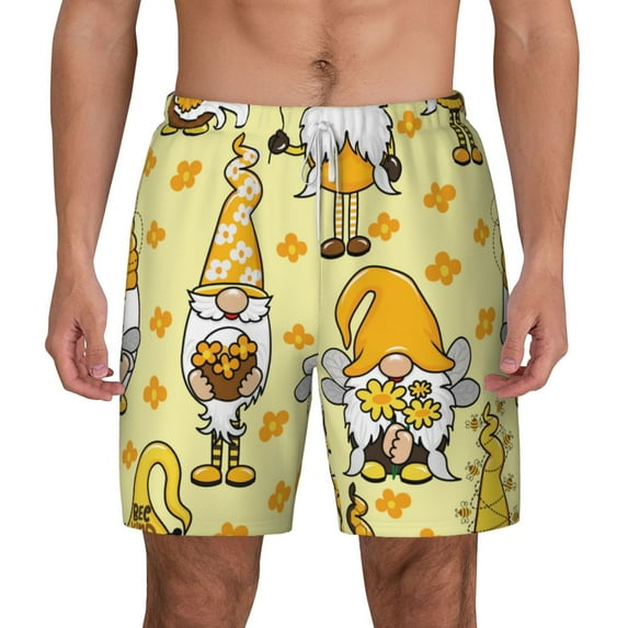 Lsque Mens Swim Trunks Garden Honeybee Gnomes Pattern - Bathing Suit Compression Liner - Beach Swim Shorts Swimwear - (S-3XL) - Stretch Quick Dry -Medium