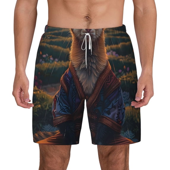 Lsque Mens Swim Trunks Garden Meditating Weasel Pattern - Bathing Suit Compression Liner - Beach Swim Shorts Swimwear - (S-3XL) - Stretch Quick Dry -Medium