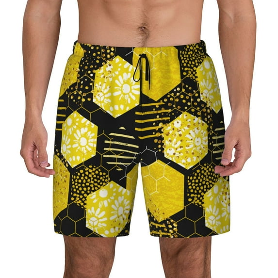 Lsque Mens Swim Trunks Geometric Pattern with Bee Pattern - Bathing Suit Compression Liner - Beach Swim Shorts Swimwear - (S-3XL) - Stretch Quick Dry -3X-Large